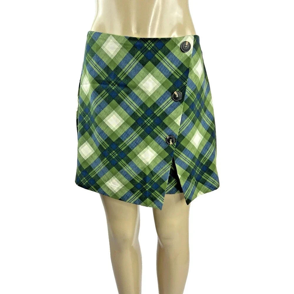 WeWoreWhat 3 Piece Suit Set Size L Cropped Blazer Skort Wrap Top Green Plaid